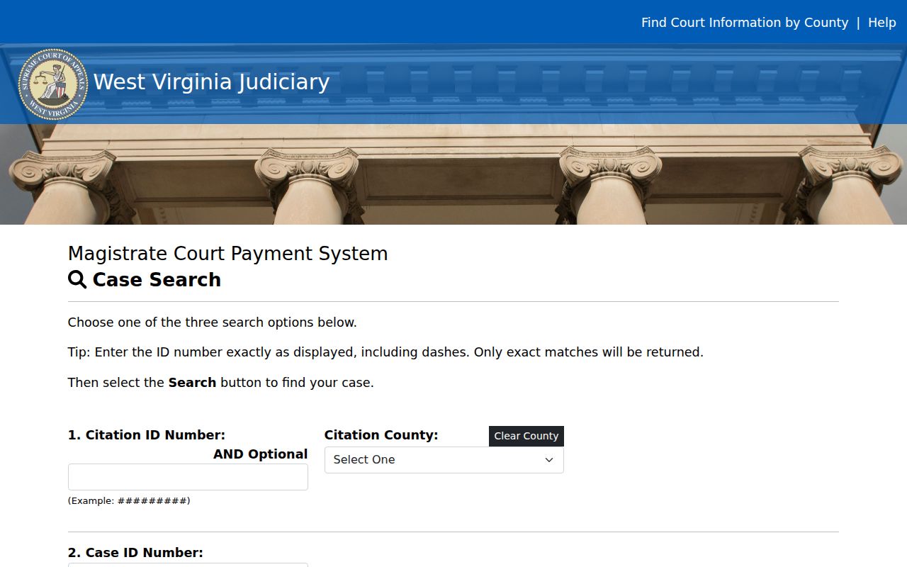 Hardy County Magistrate exact-ID payment search fields