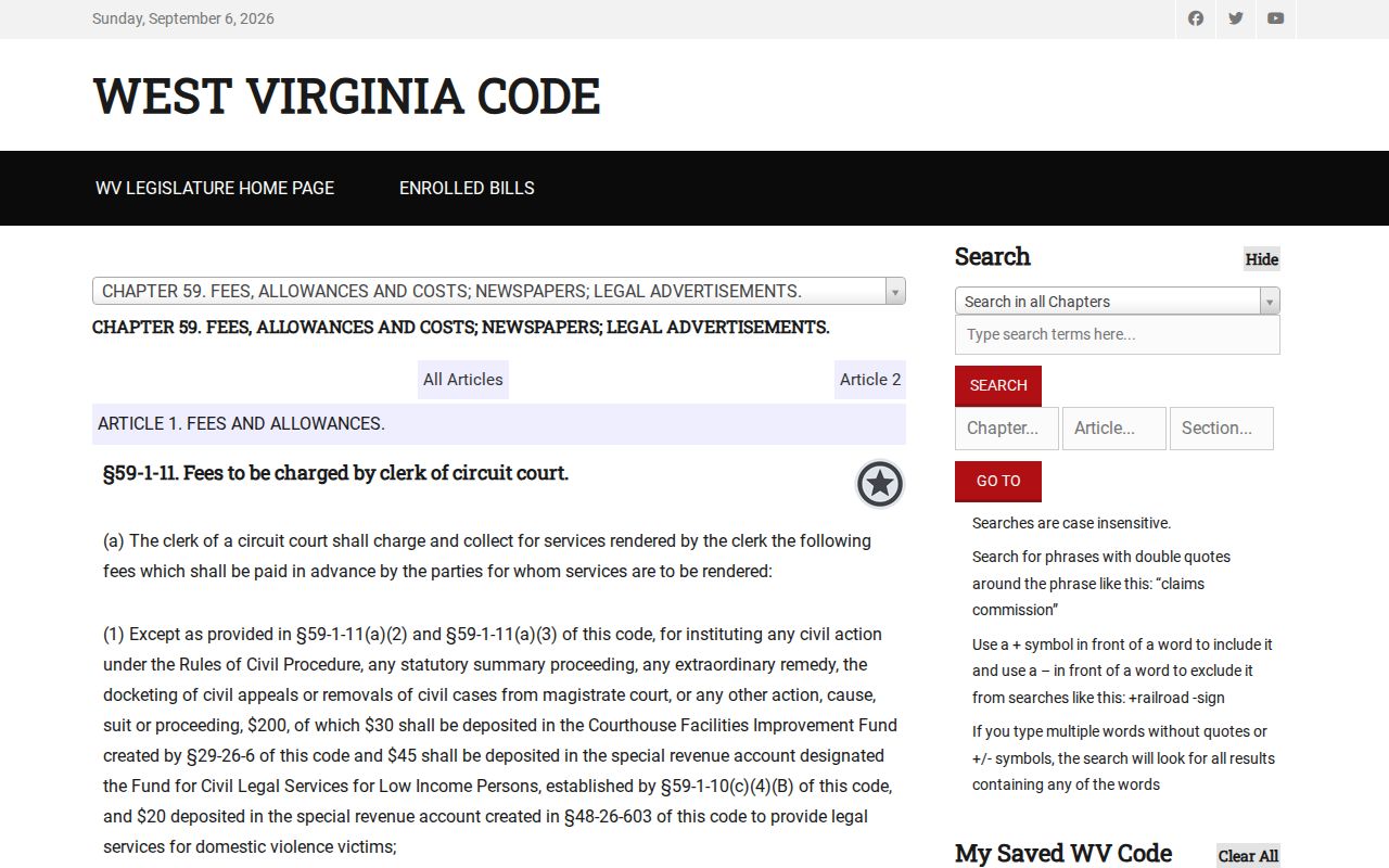 Hardy County court record copy fees in the West Virginia statute