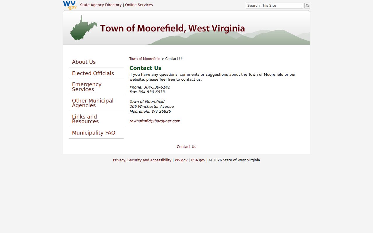 Hardy County municipal court record routing details on the official Moorefield contact page