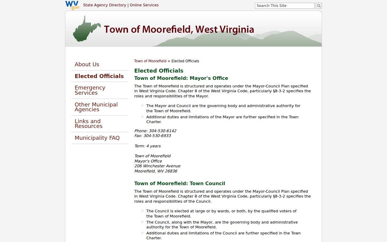 Hardy County municipal court record context on the Moorefield elected officials page
